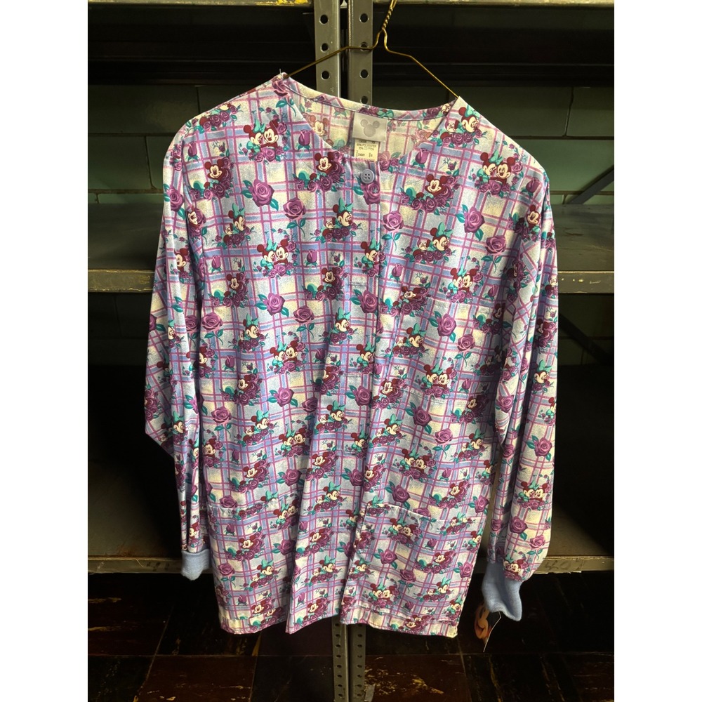 Disney Mickey Minnie Mouse Scrub Jacket Purple Floral Plaid Warm Up Small D4581